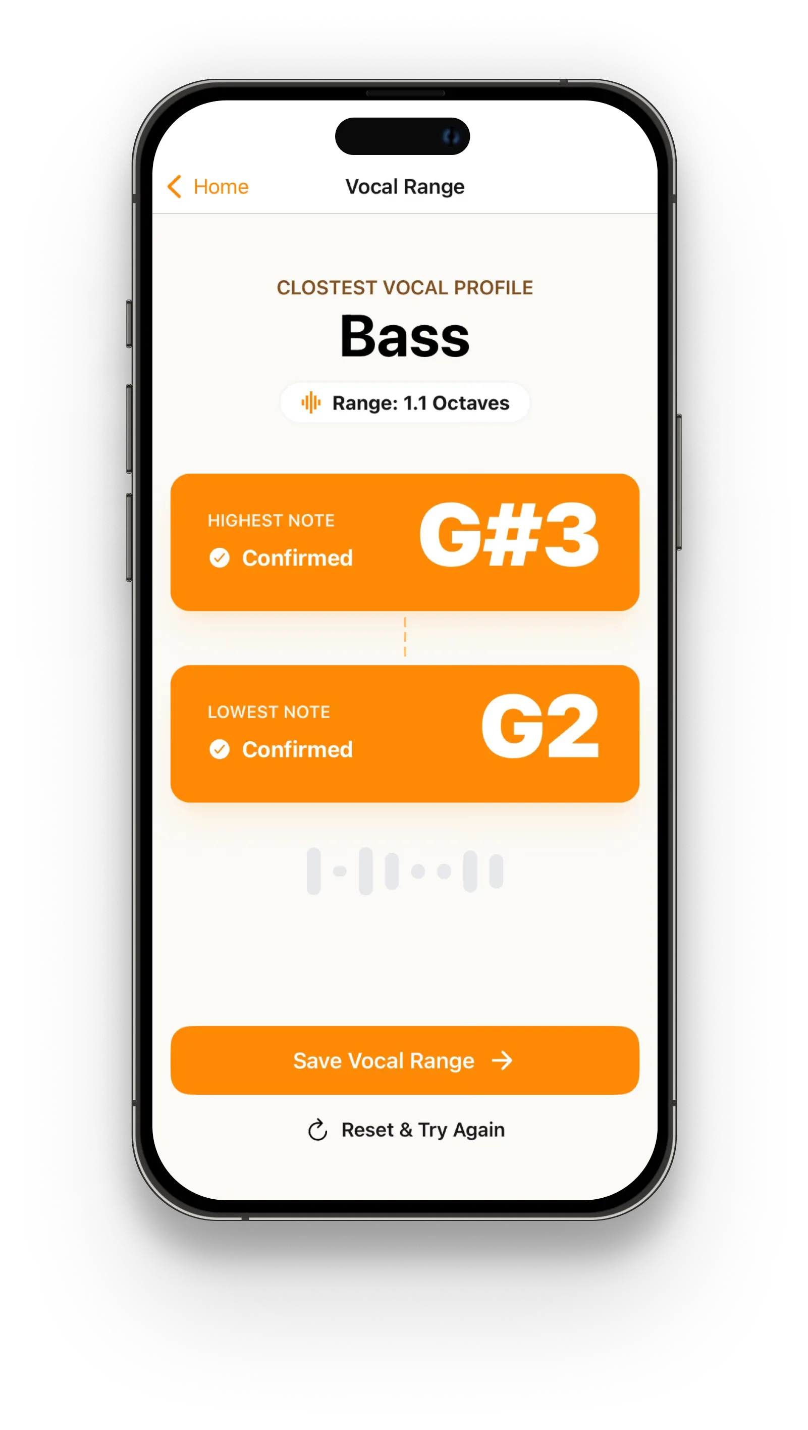 Smartphone screen displaying the vocal range feature with a Bass profile. It shows a range of 1.1 octaves, G#3 as highest, G2 as lowest, with an option to save the range.